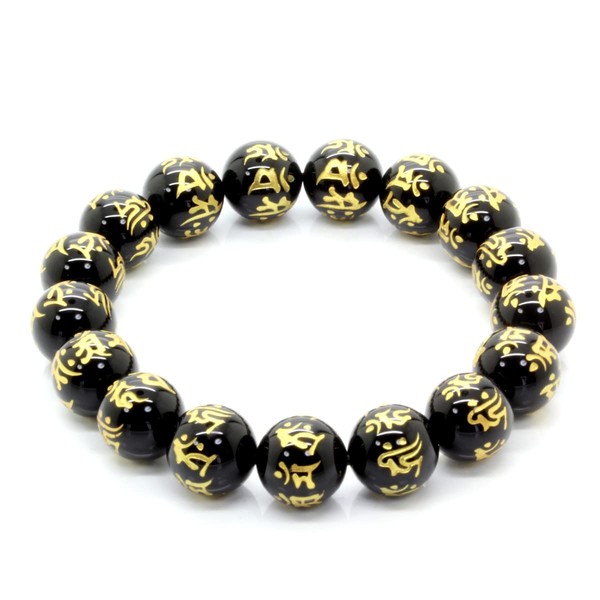 Shikui b286 Seven Brahms Gold Carved Onyx 0.5 inch (12 mm) Power Stone Prayer Beads Bracelet, Natural Stone, Stone, Onyx