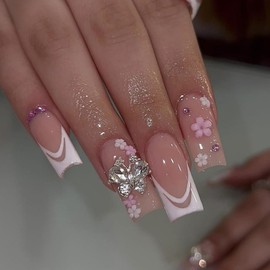 ANDGING French Tip Press on Nails White Medium Long Fake Nails Acrylic Glue on Nails with Butterfly Flower Design Women False Nails for Wedding Birthday Manicure Gel Stick on Nails with Glue ALK588