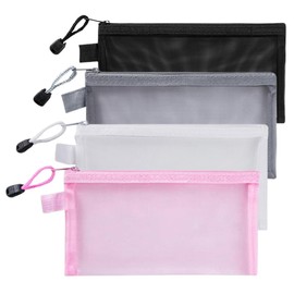 Pack of 4 Transparent Pencil Case Nylon Mesh Zip Mesh Zip Pouch Pen Case Clear Exam Pencil Pouch Portable Stationery Case for School Office Supplies Cosmetic Storage Bag