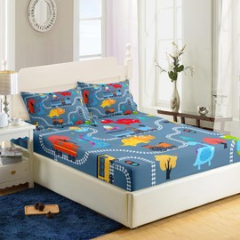 AILONEN Cartoon Train Fitted Sheet Set Twin Size, Railroad Train Printed Bedding Set for Kids,Cute Dinosaur Bed Sheet Set for All Season,3-Pieces,1 Sheet Set with 2 Pillowcases,Soft,Breathable