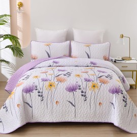 Floral Quilt Set Queen Size,Purple Bedspread Coverlet Botanical 3 Pieces Fall Quilts Microfiber Lightweight Farmhouse Bedspreads Soft Reversible Bed Cover Sets for All Season(Queen, 90"x96")