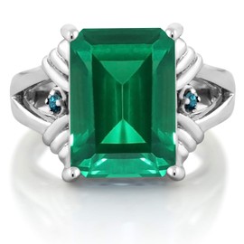 Gem Stone King 925 Sterling Silver Green Nano Emerald and Blue Diamond Engagement Ring For Women (6.53 Cttw, Gemstone May Birthstone, Emerald Cut 14X10MM, Size 5)