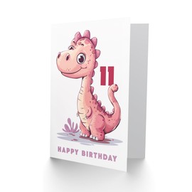 Artery8 11th Birthday Card Cute Pink Baby Dinosaur Cartoon Kids Age 11 Year Old Child For Son Daughter Girl Boy Happy Card