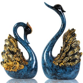 CECKQUE 2pcs Swan Statues Couple's Home Decorations for Living Room Decor and Accessories, Sculptures Home Decor for Coffee Table, Book Shelf Decor Accents (Blue)