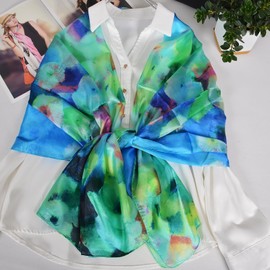 Sichdew Women's 100% Mulberry Silk Long Scarf-Floral Print Lightweight Scarves-Oblong Summer Travel Sunscreen Shawl 69" x 43" (blue green)