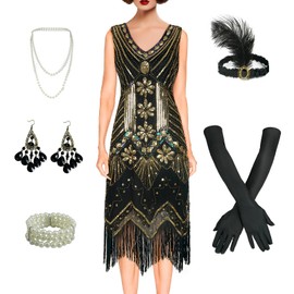 BONGZUO Women's 1920s Flapper Dress Vintage Lace Fringed Gatsby Cocktail Dress with 20s Accessories Set(Z3722YE,3XL)