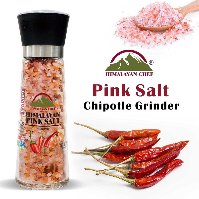 Himalayan Chef Pink Salt with Chipotle, Tall Glass Grinder, 10.58