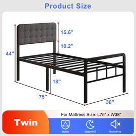 Fly-CTsoar 18 Inch Twin Bed Frame with Upholstered Headboard and Footboard, Heavy Duty Metal Slats, with Under Bed Storage, No Noise, No Box Spring Needed, Easy Assembly, Black