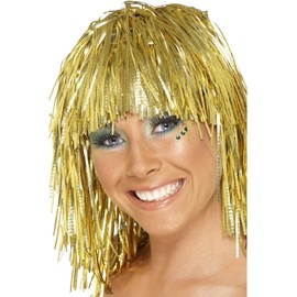 Smiffys Cyber Tinsel Wig, Gold Metallic, 1970's Disco Fancy Dress, 1970s Disco Dress Up Wigs