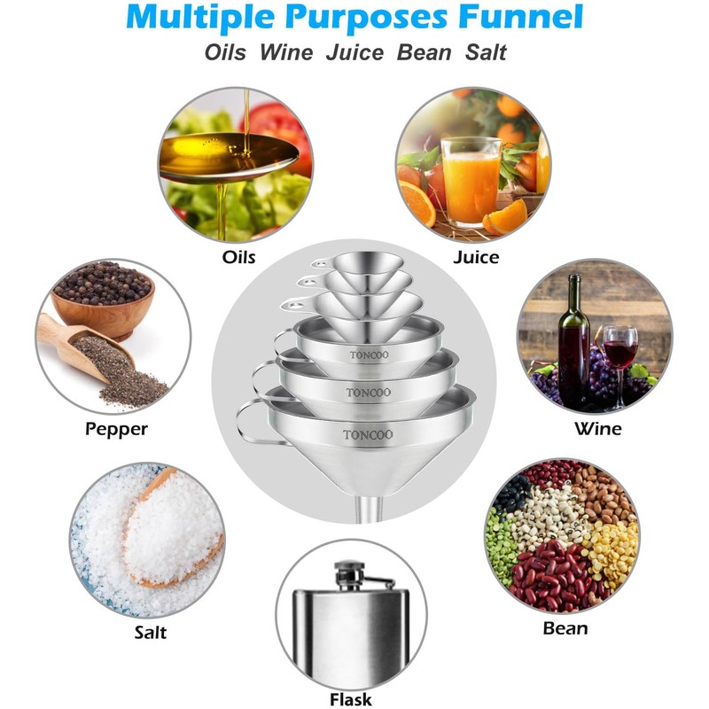 Toncoo 6 Pack Stainless Steel Funnels for Kitchen Use, Food