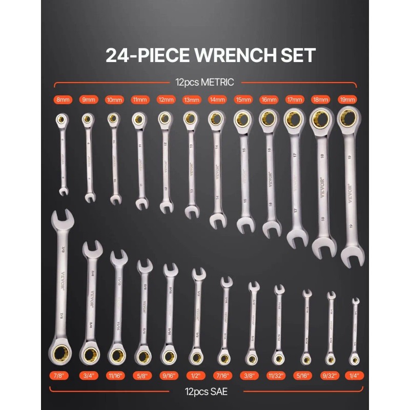 24-Piece Combination Ratcheting Wrench Set SAE Metric Cr-V Steel Organizer