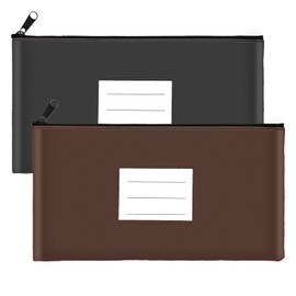 COZEFFIC 2-Pack Bank Deposit Money Bags with Zipper, 11 x 6 Inches, PU Leather Cash Pouches with Label, for Coins, Cosmetics, Bills, Tools, Black & Brown