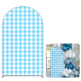 FiVan Gingham Checkered Pattern Arch Backdrop Cover Curved Top Arch Stand Stretchy Spandex Cover for Wedding Birthday Baby Shower Party Decoration (Blue&White,6X2.6FT)