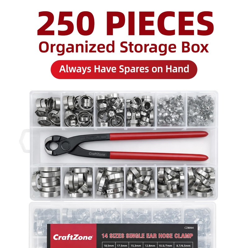 250PCS Single Ear Hose Clamp Kit with Storage Box &