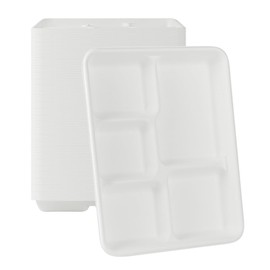 Restaurantware-Pulp Safe No PFAS Added 10.4 x 8.5 Inch Food Trays, 100 Disposable Trays - Home Compostable, 5 Compartments, White Bagasse Plates, Microwavable And Freezable, For Hot And Cold Foods