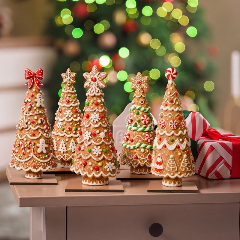 5 Pcs Christmas Gingerbread Tree Table Decorations Wooden Decor
