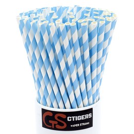 Light Blue Striped Drinking Paper Straws for Birthday Party Wedding Baby Shower Biodegradable Straw Box of 100