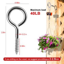 Kalekey 2.6inch Screw Eyes Heavy Duty Screws Eye Bolts Stainless Steel Eye Hooks Self Tapping Eyelet Screw for Wood Indoor & Outdoor Use(Sliver 40PCS)