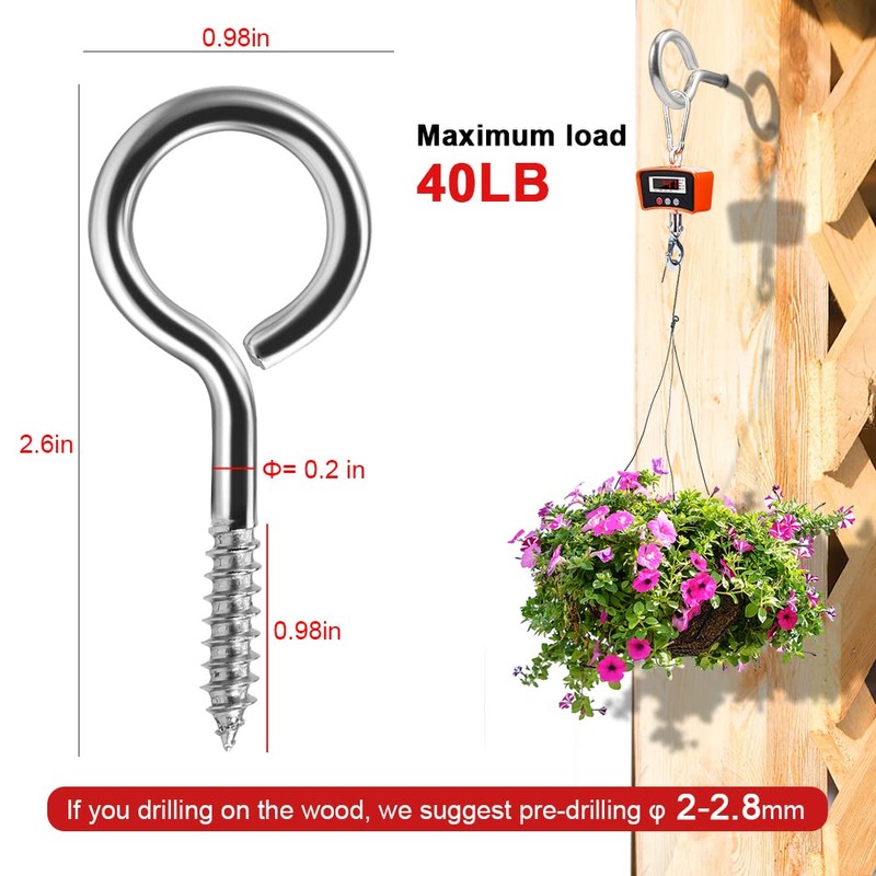 Kalekey 2.6inch Screw Eyes Heavy Duty Screws Eye Bolts Stainless