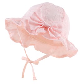 XIAOHAWANG Summer Hat Baby Girl UV Protection Sun Hat Baby Summer Hats Cotton with Bow and Ties, Pink embroidery