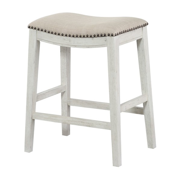 OSP Home Furnishings Metro 24-inch Counter Height Saddle Stool with Nailhead Trim 2-Pack, Antique White Base with Beige Fabric