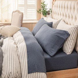 PURE ERA Jersey Knit 4pc Bed Sheet Set 100% T-Shirt Heather Cotton Super Soft Comfy Breathable Fits Mattress Up to 20" Extra Deep Pocket (Heather Navy Blue, Queen)