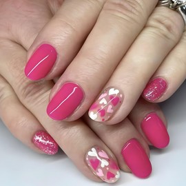 Valentine’s Day Press on Nails Short False Nails with Heart Designs Square Fake Nails Glitter Nails Press ons Glossy Glue on Nails Pink Full Cover Stick on Nails for Women 24Pcs