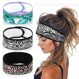 CIATBYYJ 3 Pcs Satin Hair Wrap for Black Women, Adjustable Spa Headband, Silk Headband for Women Sleep Makeup Spa(Zebra, Leopard, Palm Trees)