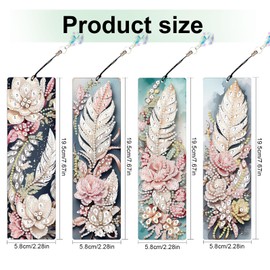 MVVMTOP 4pcs 5D Diamond Art Painting Bookmarks with Crystal Pendant, DIY Feather & Flower, Pecial Shape Crystal Diamond Partial Art Bookmarks for Book Lovers