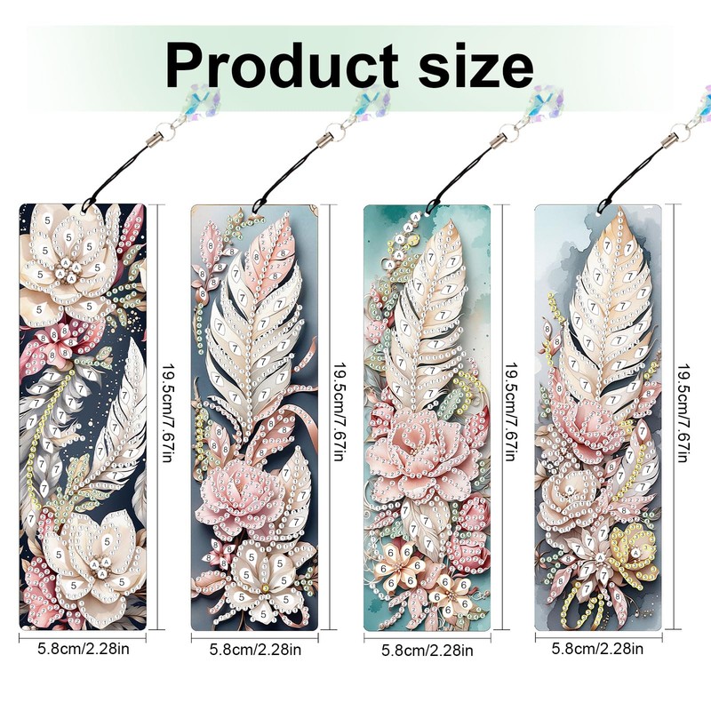 MVVMTOP 4pcs 5D Diamond Art Painting Bookmarks with Crystal Pendant,