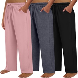 Neer 3 Pack Women's Plus Size Pants with Pockets Ladies Yoga Wide Leg High Waist Drawstring Sweatpants Elastic Lounge Pants (Pink, Dark Gray, Black,4X-Large)