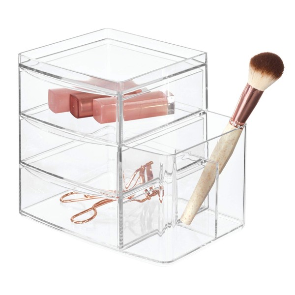 InterDesign Clarity 3-Drawer Make Up Organizer with Side Organizer for Brushes and Combs, Clear