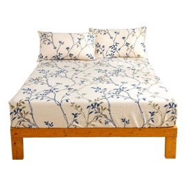 Tache Elegant Leaf Vine Nature Earthy Floral Neutral Cream Beige Tan Blue Breathable Poplin Cotton 15" Deep Pocket Fitted Sheet, King