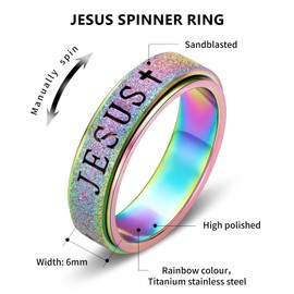 Fidget Spinner Anxiety Ring for Women: Fidget Toys Adults Cute Jesus Thumb Ring Stainless Steel Rainbow Size 6