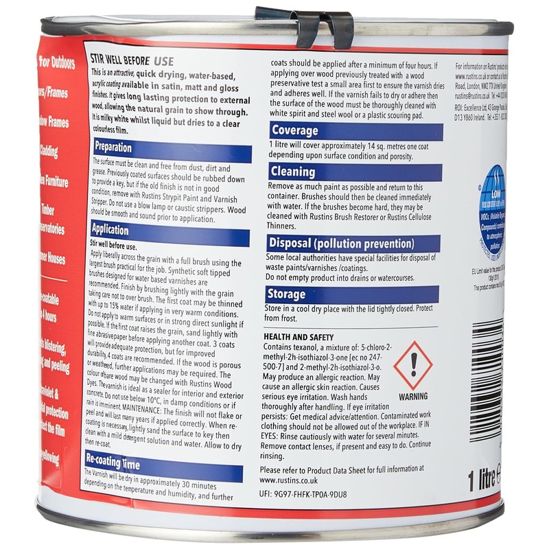 Rustins EAVG1000 1L Outdoor Varnish Gloss - Clear