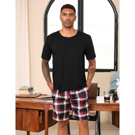 Uniexcosm Mens Short Pyjamas Set Classic Plaid Sleepwear T-Shirt Top with Shorts Bottoms Cotton Pjs Set Loungewear Summer A-Black S