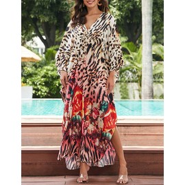 Bsubseach Caftan Women Cover Ups for Swimwear Plus Size Kaftan Dress Batwing Sleeve Beach Coverups Resort Wear Leopard