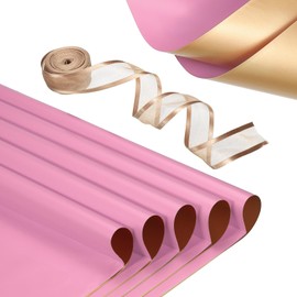 PATIKIL 20 Sheets Flower Wrapping Paper, Waterproof Flower Paper Wraps with Ribbon Floral Bouquet Supplies for DIY Crafts Packaging Bouquet, 22.8x22.8 Inch, Rose Pink/Gold Tone