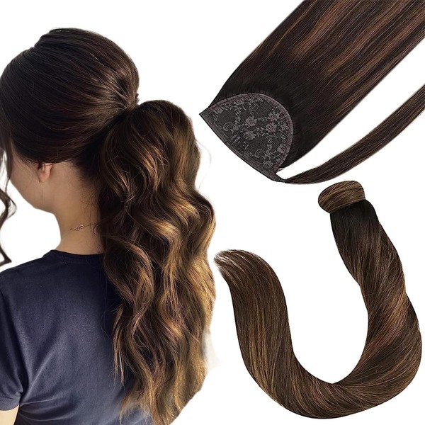 Sunny Brown 14inch Pony Tails Hair Extensions Brown 80g Real Human Hair Ponytail Extension Darkest Brown Fading To Medium Brown Balayage Clip in Ponytail Hair Extensions Brown Highlight