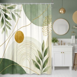 DYNH Sage Green Shower Curtain, Modern Abstract Gold Leaves Bathtub Curtains,Boho Aesthetic Decor for Bathroom,69X70 in