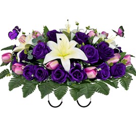 SUHOOKOO Cemetery Flowers for Grave Decor, Silk Lily Rose Tulip Headstone Flower Saddle,Tombstone Flower - Bright and Colorfast,Purple/White,2 Lovely Butterflies Included