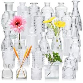 Juego de 30 floreros de vidrio, pequeños, para decoración de centro de mesa de boda; jarrones con relieve clásico transparentes, para arreglos florales de fiestas o decoración del hogar.