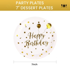50 Pack Happy Birthday Party Paper Plates, 7 inch White and gold Metallic Foil Polka Dots Dessert Party Plates Tableware for Christmas Weddings Birthday Decorations Bridal Parties All Occasions
