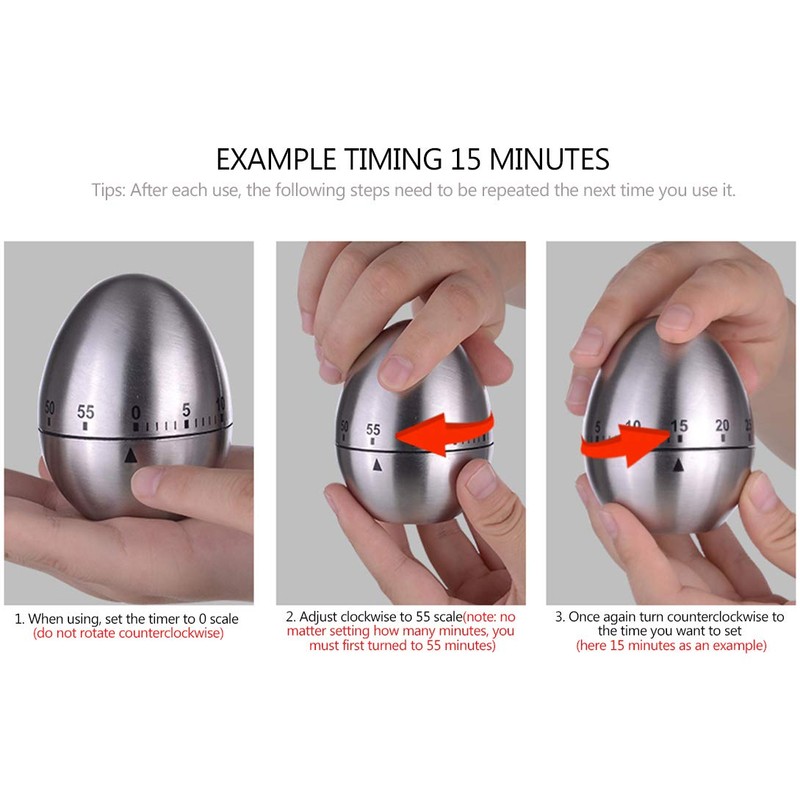 Ranvi Kitchen Timer, Egg-Shaped Stainless Steel Mechanical Rotating Timer, 60