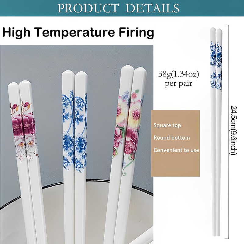 Chopsticks Reusable Ceramic Chopsticks 5 Pairs Porcelain Chopsticks Dishwasher Safe,High-grade