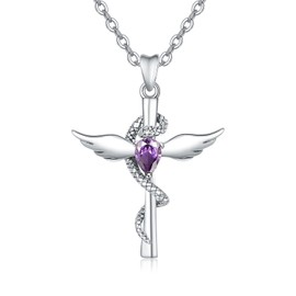 TANGPOET Snake Cross Necklace for Women Sterling Silver Cross with Angel Wings Pendant Necklace Jewelry with Amethyst Stone Birthday Gifts