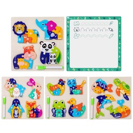 3D Wooden Puzzle Board, Animal Shape Jigsaw and Drawing Board Games,Educational Toy for Kids Gift - Style: T-12