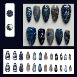 ONPRESS 24Pcs Blue Press on Nails Medium Almond Fake Nails with Sliver Bow Dedign Stereo Flower Moon Glue on Nails Dark Starry Sky False Nails Grey Glossy Full Cover Acrylic Nail for Women Decor