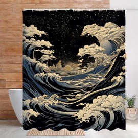 DLTAY Anime Shower Curtain Japanese Great Waves Shower Curtain for Bathroom Oriental Asian Sea Waves Bath Decor Set with 12 Hooks 72 x 72 Inch
