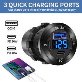 12V USB Auto Steckdose Rund USB C 12V Steckdose, 3-Port Marine USB Schnellladegerät Wasserdichte Zigarettensteckdose USB Ersatz Aluminium mit Schalter & Voltmeter, Geeignet für Boot Golf Cart Motorrad